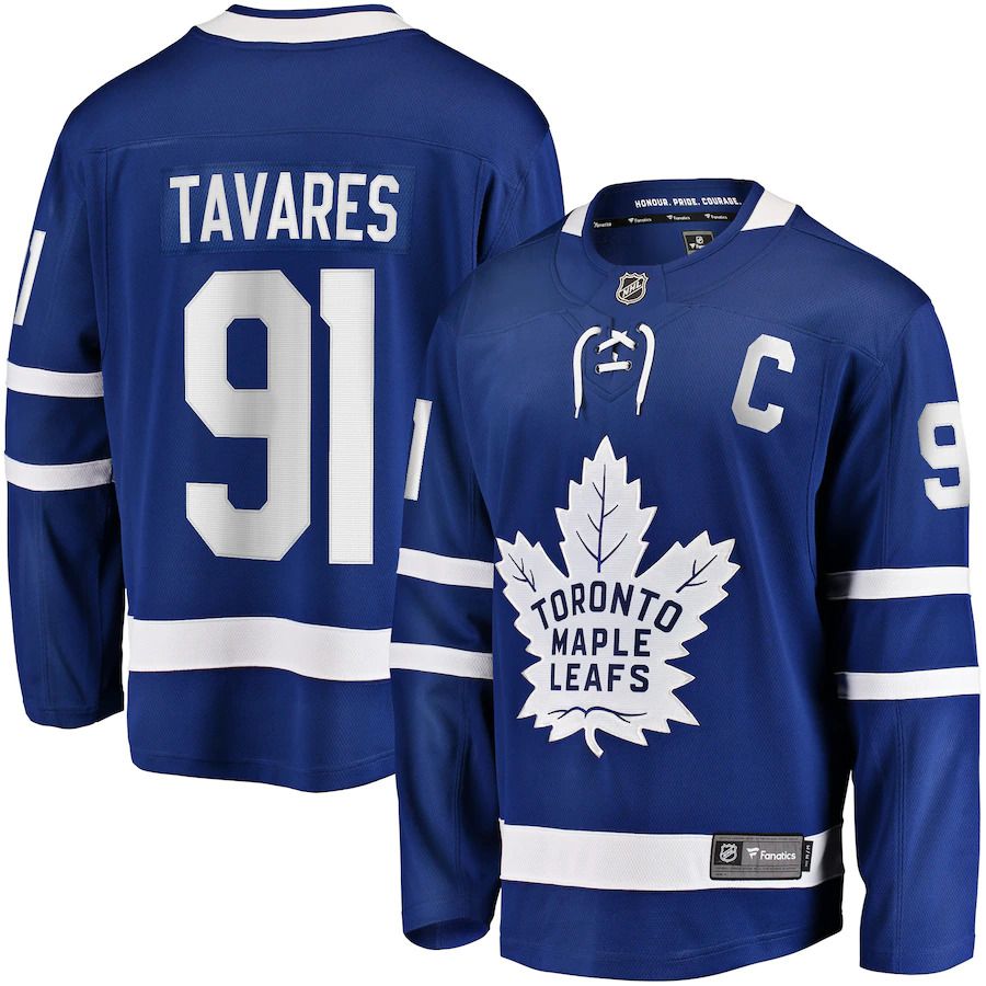 Men Toronto Maple Leafs 91 John Tavares Fanatics Branded Blue Home Captain Premier Breakaway Player NHL Jersey